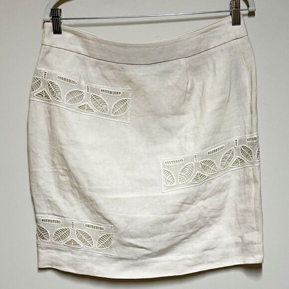Moulinette Soeurs by Anthropologie Ivory embroidered Leaf linen skirt size 8 - Picture 3 of 5